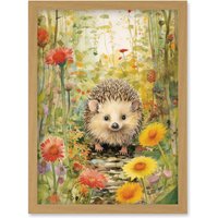 Artery8 Wall Art Print Adorable Hedgehog in a Wildflower Meadow Watercolour Painting Kids Bedroom Cute Woodland Creature Artwork Framed A4