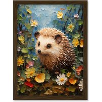 Artery8 Wall Art Print Hedgehog Wildflower Meadow Thick Paint Oil Painting Kids Bedroom Cute Woodland Creature Artwork Framed A4 in Brown