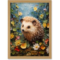 Wall Art Print Hedgehog Wildflower Meadow Thick Paint Oil Painting Bedroom Cute Woodland Creature Artwork Framed A4