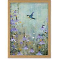 Artery8 Wall Art Print Bluebell Hummingbird Pastel Painting Nectar Flowers Field Oil Painting Colour Artwork Framed A4 in Light Oak