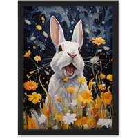 Artery8 Wall Art Print Moonlit White Rabbit Oil Painting Playing with Yellow Spring Flowers Mischief at Night Kids Bedroom Artwork Framed A4 in Black
