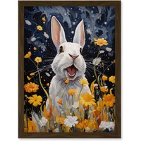Artery8 Wall Art Print Moonlit White Rabbit Oil Painting Playing with Yellow Spring Flowers Mischief at Night Kids Bedroom Artwork Framed A4 in Brown