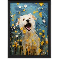 Artery8 Wall Art Print Chasing the Flowers White Terrier in Spring Meadow Thick Paint Oil Painting Blooms Coton de Tulear Artwork Framed A4 in Black