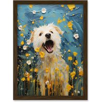 Artery8 Wall Art Print Chasing the Flowers White Terrier in Spring Meadow Thick Paint Oil Painting Blooms Coton de Tulear Artwork Framed A4 in Brown