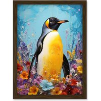 Artery8 Wall Art Print King Penguin in Colourful Floral Flowers Nest Thick Paint Oil Painting Yellow Black Blue Colourful Artwork Framed A4 in Brown