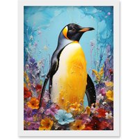 Artery8 Wall Art Print King Penguin in Colourful Floral Flowers Nest Thick Paint Oil Painting Yellow Black Blue Colourful Artwork Framed A4 in White