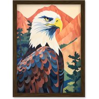 Artery8 Wall Art Print Majestic Bald Eagle Forest Mountain Landscape Graphic Artwork Framed A4 in Brown