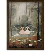 Artery8 Wall Art Print Forest Ballet Oil Painting Kids Bedroom Ballerinas Gracefully Dancing by a Lake Artwork Framed A4 in Brown