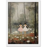 Artery8 Wall Art Print Forest Ballet Oil Painting Kids Bedroom Ballerinas Gracefully Dancing by a Lake Artwork Framed A4 in White