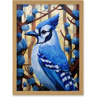 Artery8 Wall Art Print Blue Jay Geometric Artwork Wild Bird Perched on Tree Polygonal Forest Landscape Artwork Framed A4 in Light Oak