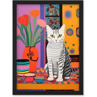 Artery8 Wall Art Print The Stripey Cat Sits Artwork Potted Flower Plant Henri Matisse Style Painting Home Bold Bright Vibrant Folk Artwork Framed A4