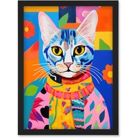 Artery8 Wall Art Print The Cat in the Caftan Artwork Bold Bright Vibrant Modern Folk Art Acrylic Painting Kids Floral Pattern Artwork Framed A4