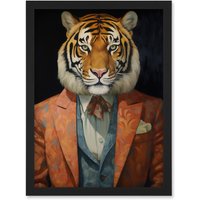 Artery8 Wall Art Print Tiger About Town Artwork Coral Pink & Cerulean Blue Suit Conceptual Portrait Artwork Framed A4 in Black