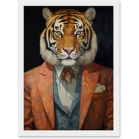 Artery8 Wall Art Print Tiger About Town Artwork Coral Pink & Cerulean Blue Suit Conceptual Portrait Artwork Framed A4 in White