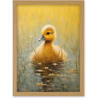 Wall Art Print Cute Ducking Countryside Pond Oil Painting Bedroom Duck Bright Artwork Framed A4 Light Oak