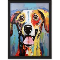 Artery8 Wall Art Print Colourful Dog Portrait Artwork by Jason Brydson Happy Face Oil Painting Bold Bright Vibrant Artwork Framed A4 in Black