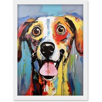 Artery8 Wall Art Print Colourful Dog Portrait Artwork by Jason Brydson Happy Face Oil Painting Bold Bright Vibrant Artwork Framed A4 in White
