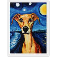 Artery8 Wall Art Print Van Goghs Dog Artwork Night Scene Full Moon Blue Brown Yellow Oil Painting Artwork Framed A4 in White
