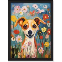Artery8 Wall Art Print Chihuahua in the Wildflowers Artwork Colourful Meadow Dog Portrait Artwork Framed A4 in Black