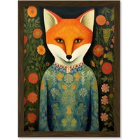 Artery8 Wall Art Print Fox Flaunting Fancy Floral Frock Felicia Flower Field Fun Artwork Framed A4 in Brown
