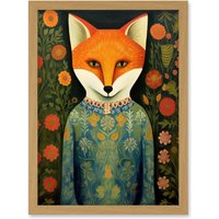 Artery8 Wall Art Print Fox Flaunting Fancy Floral Frock Felicia Flower Field Fun Artwork Framed A4 in Light Oak