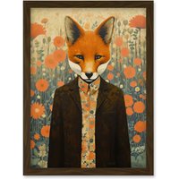Artery8 Wall Art Print Portrait of Dressed Fox in Suit & Shirt Floral Background Orange Brown Autumn Tones Artwork Framed A4