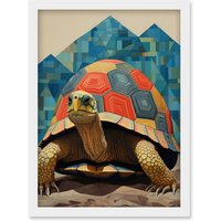 Artery8 Wall Art Print Geometric Turtle Colourful Hexagon Scutes Shell Pattern Tortoise Bathroom Nautical Theme Artwork Framed A4 in White