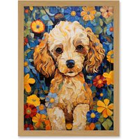 Artery8 Wall Art Print Cockapoo Puppy Oil Painting Colourful Bright Bold Floral Fun Artwork Framed A4 in Light Oak