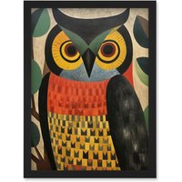 Artery8 Wall Art Print Folk Art Geometric Owl Boho Colours Yellow Coral Green Bold but Subtle Artwork Framed A4 in Black
