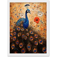 Artery8 Wall Art Print Peacock Bird Gustav Klimt Style Oil Painting Gold Orange Blue Portrait with Flowers Artwork Framed A4 in White
