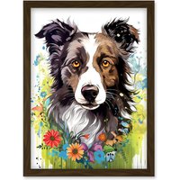 Artery8 Wall Art Print Border Collie Dog Bright Watercolour Painting Floral Portrait with Wildflowers & Butterflies Artwork Framed A4 in Brown