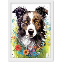 Artery8 Wall Art Print Border Collie Dog Bright Watercolour Painting Floral Portrait with Wildflowers & Butterflies Artwork Framed A4 in White