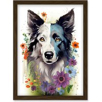 Artery8 Wall Art Print Border Collie Dog Pict Scotland Blue Basant Face Bright Artwork Portrait with Wildflowers Artwork Framed A4 in Brown