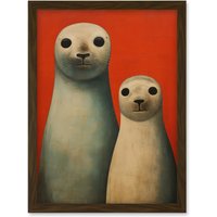 Artery8 Wall Art Print Seal Pups Portrait White Cream On Red Crimson Coral Detailed Oil Painting Artwork Framed A4 in Brown