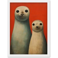 Artery8 Wall Art Print Seal Pups Portrait White Cream On Red Crimson Coral Detailed Oil Painting Artwork Framed A4