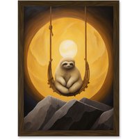 Artery8 Wall Art Print The Lazy Overlord Sloth at Full Moon Abstract Surrealist Painting Artwork Framed A4 in Brown