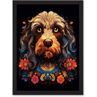 Artery8 Wall Art Print Cockapoo Dog with Ornate Collar & Flowers Symmetrical Floral Artwork Orange Pink Blue Tribal Design on Black Artwork Framed A4
