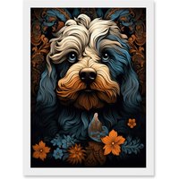 Artery8 Wall Art Print Cockapoo Dog with Flower Patterns Art Nouveau Artwork Orange Blue Floral Portrait Design Artwork Framed A4 in White