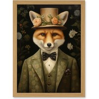 Artery8 Wall Art Print Fox in Floral Victorian Suit & Top Hat Surrealism Artwork Green Orange Woodland Gentleman Artwork Framed A4 in Light Oak