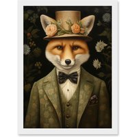 Artery8 Wall Art Print Fox in Floral Victorian Suit & Top Hat Surrealism Artwork Green Orange Woodland Gentleman Artwork Framed A4 in White