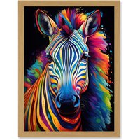 Artery8 Wall Art Print Rainbow Striped Zebra Colourful Vibrant Bold Psychedelic Neon Impact Artwork Framed A4 in Light Oak