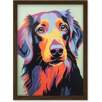 Artery8 Wall Art Print Long Haired Dachshund Dog Colourful Artwork Orange Blue Purple Pet Portrait Cute Artwork Framed A4 in Brown