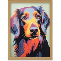 Artery8 Wall Art Print Long Haired Dachshund Dog Colourful Artwork Orange Blue Purple Pet Portrait Cute Artwork Framed A4 in Light Oak