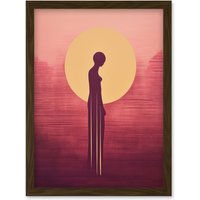 Artery8 Wall Art Print Sunrise Solitude Minimalist Artwork Plum Pink Gold African Woman Silhouette in Golden Sun Halo Artwork Framed A4 in Brown