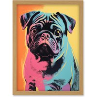 Artery8 Wall Art Print Cute Pug Dog Colourful Artwork Pink Turquoise Orange & Yellow Vibrant Pet Portrait Artwork Framed A4 in Light Oak