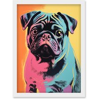 Artery8 Wall Art Print Cute Pug Dog Colourful Artwork Pink Turquoise Orange & Yellow Vibrant Pet Portrait Artwork Framed A4 in White