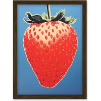 Artery8 Wall Art Print A Single Strawberry Block Colour Artwork Red on Blue Bold Bright Minimalist Kitchen Decor Artwork Framed A4 in Brown
