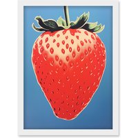 Artery8 Wall Art Print A Single Strawberry Block Colour Artwork Red on Blue Bold Bright Minimalist Kitchen Decor Artwork Framed A4 in White