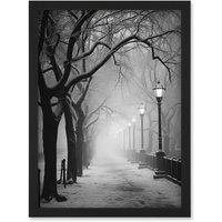 Artery8 Wall Art Print Snow Covered Street in the Misty Glow of Light Posts Atmospheric Black & White Photograph Winter Scene Artwork Framed A4