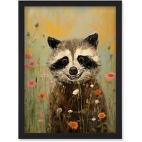 Wall Art Print Gleeful Raccoon Picking Flowers Oil Painting Red White Blooms Spring Meadow Landscape Bedroom Artwork Framed A4